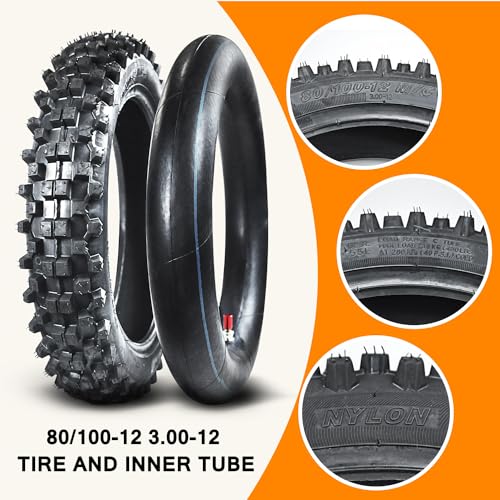 HOLATO Rear 80/100-12 3.00-12 Tire and Inner Tube for 110cc 125cc CRF70 CRF110 XR70 KLX110 TTR90 PW80 RM60 RM65 TaoTao DB14 SSR Apollo Coolster Dirt Pit Bike Motorcycle Off Road Motocross Heavy Duty - size: 80/100-12 Tire
