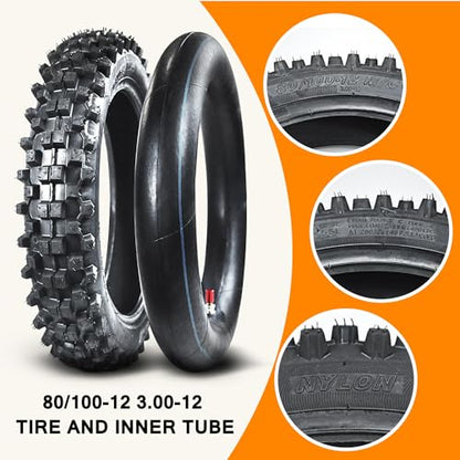 HOLATO Rear 80/100-12 3.00-12 Tire and Inner Tube for 110cc 125cc CRF70 CRF110 XR70 KLX110 TTR90 PW80 RM60 RM65 TaoTao DB14 SSR Apollo Coolster Dirt Pit Bike Motorcycle Off Road Motocross Heavy Duty - size: 80/100-12 Tire