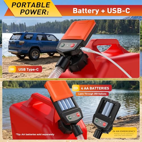 Fuel Transfer Pump with Auto-Stop Sensor, USB/Battery Powered Portable Gas Can Pump with 3.8 GPM High Flow, 51 Inch Long Hose & 4 Adapters, Leak-Free Transfer Pump for Gasoline, Diesel