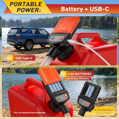 Fuel Transfer Pump with Auto-Stop Sensor, USB/Battery Powered Portable Gas Can Pump with 3.8 GPM High Flow, 51 Inch Long Hose & 4 Adapters, Leak-Free Transfer Pump for Gasoline, Diesel