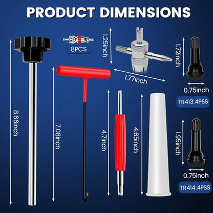22PCS Tire Valve Stem Tool–Quick Change Valve Installer Kit with TR413/TR414 Valve Stems,Valve Stem Removal Tool,4-Way Valve Core Removal Tool,T-Handle Puller,Push Rod&Gloves–Fits Cars,Trucks and More