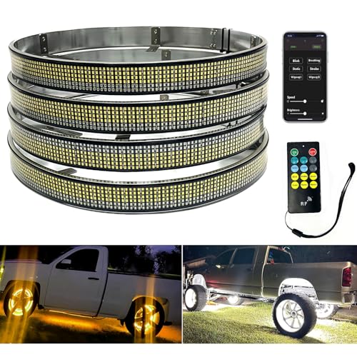 17in 6 Row Wheel Ring Lights Amber White Wheel Light with Amber Turn Signal White Courtesy Fuction,5964 LEDs Waterproof IP68 Rim Lights with APP RF Remote Control - size: 17in