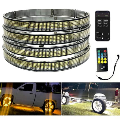 17in 6 Row Wheel Ring Lights Amber White Wheel Light with Amber Turn Signal White Courtesy Fuction,5964 LEDs Waterproof IP68 Rim Lights with APP RF Remote Control - size: 17in