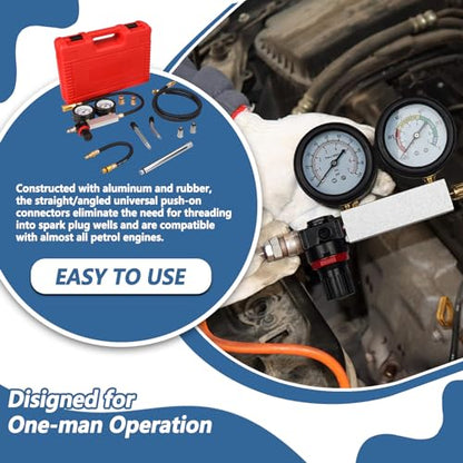 Handor Compression Leakdown Detector Leakage Test Set Cylinder Leak Down Tester Kit Dual Gauge Leakdown Detector Tool Set for Pressure Check & Leakage Rate Test Gasoline Engine