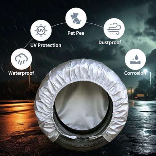 4-Pack RV Tire Covers, Waterproof & UV Resistant Wheel Covers with Windproof Hooks for Trailer, Camper, Truck, SUV & More - Fits Tire‘s Total Diameter 30’’- 32’’/80cm - (Silver-L) - size: L-Total Tire Diameter: 30"-32", style: Silver