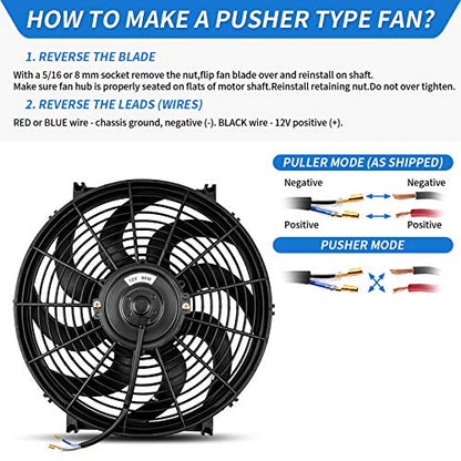 MONOKING 14" Inch Universal Slim Pull Push Electric Radiator Fan Engine Cooling, Universal High Performance Reversible Radiator Cooling Fans with Mounting Kit 2000 CFM 12 Volts 7.5 Amps 90 Watts - size: 14 Inch-1PCS