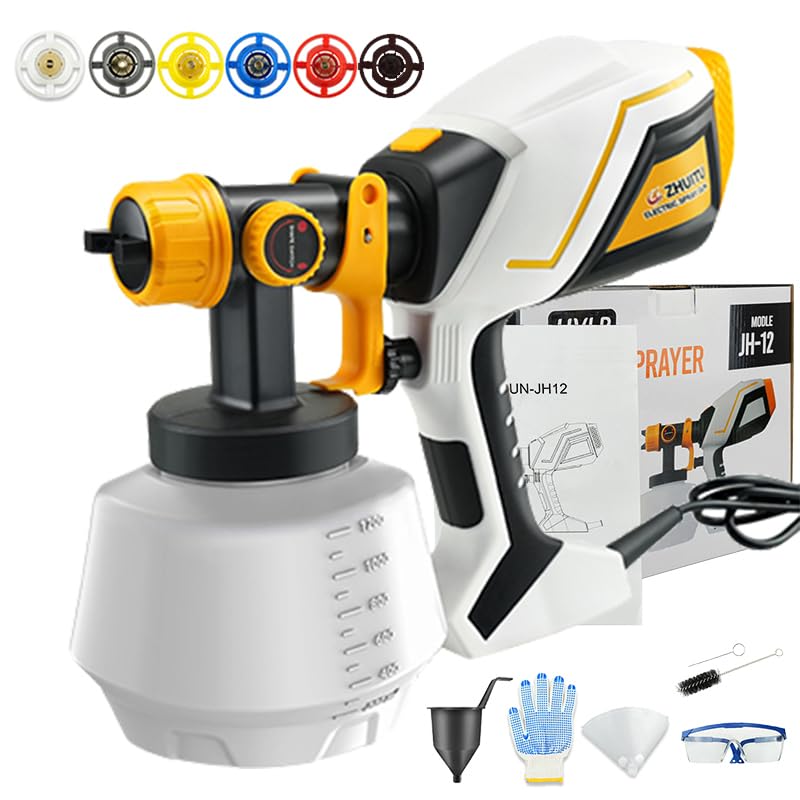 Paint Sprayer 1000W HVLP Electric Spray Paint Gun with 6 Copper Nozzles and 3 Spray Patterns 1200ML High Capacity Container for Furniture, Fences, Walls, Garage Doors (Yellow) - color: Yellow