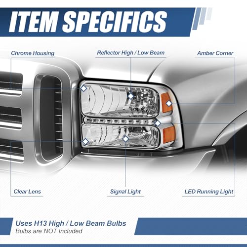 Auto Dynasty LED DRL Headlights for 2005 2006 2007 Ford F250 F350 F450 F550 - color: Chrome Housing Amber Corner