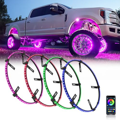 DREAMIZER 4PCS 17.5inch RGBW LED Wheel Ring Lights Kit with Remote and APP Control Dream Colors Neon Wheel Rim Lights with Turn Signal and Braking Function,Music Sync Mode for Car ATV UTV Golf Cart - size: 17.5inch