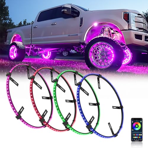 DREAMIZER 4PCS 17.5inch RGBW LED Wheel Ring Lights Kit with Remote and APP Control Dream Colors Neon Wheel Rim Lights with Turn Signal and Braking Function,Music Sync Mode for Car ATV UTV Golf Cart - size: 17.5inch