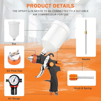 Paint Gun, HVLP Spray Gun Kit with Gauge 1.4/1.7/2.0mm Nozzles 600cc - color: Orange