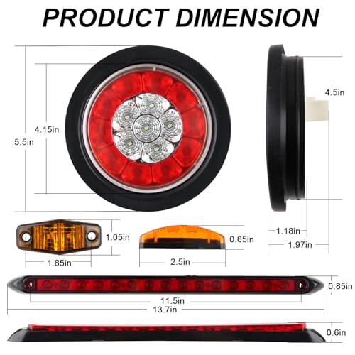 4 Inch Round Led Trailer Tail Lights Kit with 13.8" Led 3RD Brake Strip Bar