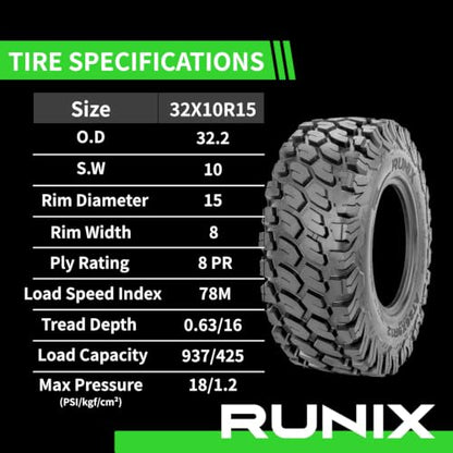 RUNIX UTV SxS Radial Tires, RUNIX TerraVance, 32X10R15, 32X10-15, 8PR, Radial Tire, Set of 4, All Terrain, Tubeless - size: 32X10R15
