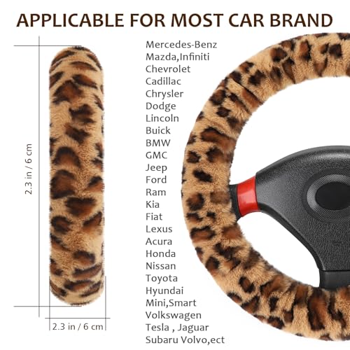 Accmor Fuzzy Car Steering Wheel Cover, Universal Fit Fur Auto Wheel Cover & Handbrake Cover & Gear Shift Cover Set, Anti-Slip Leopard Warm Fluffy Vehicle Wheel Protector Car Accessories for Men Women - color: Khaki/Brown Leopard