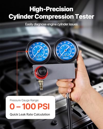 VEVOR Engine Cylinder Compression Tester Kit, Pressure Gauge Range of 0-100 PSI, Automotive Leak Down Tester Kit with 4 Adapters & Air Fittings, Pressure Check & Leakage Rate Test on Cars, Motorcycles