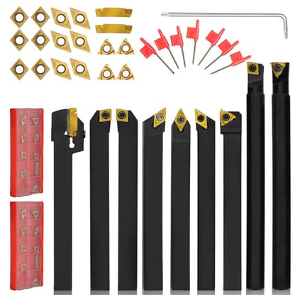 Indexable Lathe Turning Tool 27Pcs Kit 3/8'' 10mm Shank, 9Pcs Metal Lathe Tools Holder Set with 18Pcs Inserts, for Turning Grooving Threading Boring, Lathe Tooling with Reverse Tool Design - style: 9pcs 3/8'' 10mm Shanks+18pcs Inserts