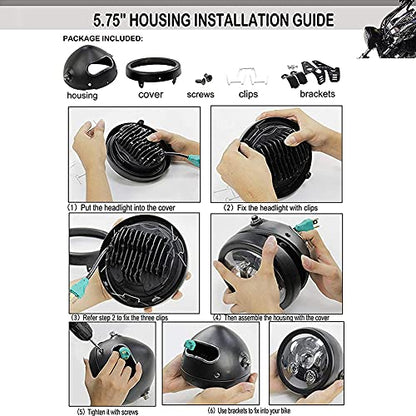5 3/4" 5.75 Inch Motorcycle Headlight Housing Bucket - Universal Headlight Assembly Replacement for Motorcycle Headlight Mounting, Durable Headlight Bracket Housing
