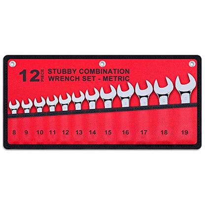 Premium Stubby Combination Wrench Set with Roll-up Pouch, 12-Piece, Metric, 8mm to 19mm, No Skipped Size | Cr-V Steel, Mirror Polished Finish | Short Length and Slim Body, Perfect for Confined Areas - size: Metric Set
