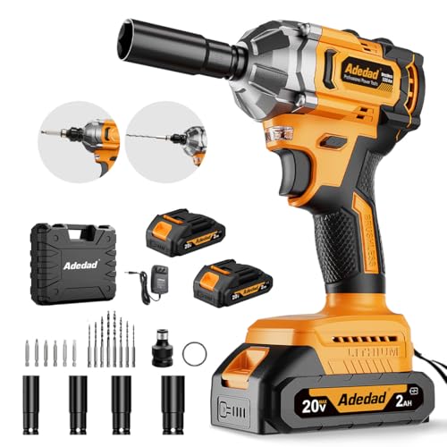 Brushless Impact Wrench 3-in-1 500N.m(369Ft-lbs) Torque Wrench 1/2 Drive with 2x2.0Ah Batteries, 8 Drill Bits, 6 Screwdriver Bits, 4 Sockets, Cordless Impact Gun for automotive Repair and DIY