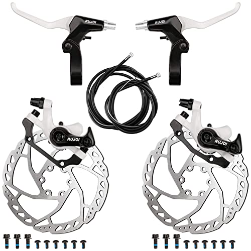 Bike Disc Brake Kit, Aluminum Front and Rear Caliper, Full Aluminum Alloy Bicycle Brake Lever, 160mm Rotor, Mechanic Tool-Free Pad Adjuster for Road Bike, Mountain Bike - color: White