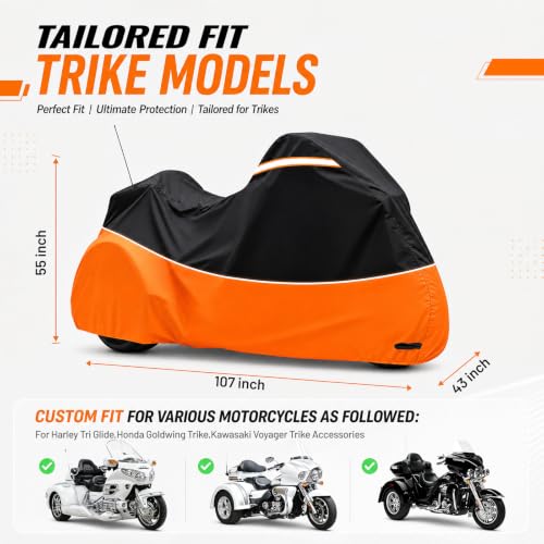 Trike Cover,Waterproof 3 Wheel Motorcycle Cover for Harley Tri Glide,Honda Goldwing Trike,Kawasaki Voyager Trike Accessories,with Adjustable Windproof Buckle,Night Reflective Strips,Black & Orange - size: Trike