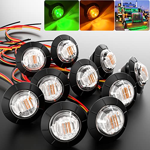 BJZ 3/4" Round Trailer Marker LED Lights Amber to Green Dual Color Side Clearance Tail Bullet Light 12V 4LED Indicator Light w/Clear Lens for Trailer Truck Van RV ATV Bus, 10Pcs - color: Amber-Green (Clear Lens)