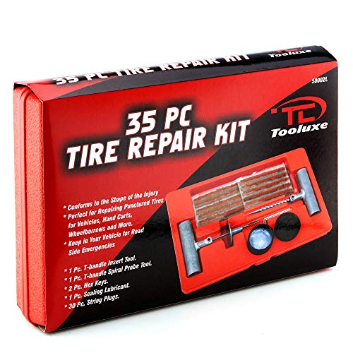Tooluxe 50002L -35 Piece Tire Repair Universal Heavy Duty Tire Repair Kit with Plugs, Fix A Flat Tire Repair Kit, Ideal for Tires on Cars, Trucks, Motorcycles, ATV Roadside Emergency, Tire Plug Kit - size: 35 Piece Repair Kit
