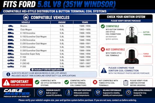 Cable Master 8.2mm Spark Plug Wire Set Compatible with Ford 5.8L V8 351W Windsor Bronco F-150 F-250 F-350 E-150 E-250 E-350 Econoline, Button Terminal HEI Coil, Blue