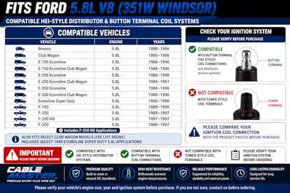 Cable Master 8.2mm Spark Plug Wire Set Compatible with Ford 5.8L V8 351W Windsor Bronco F-150 F-250 F-350 E-150 E-250 E-350 Econoline, Button Terminal HEI Coil, Blue