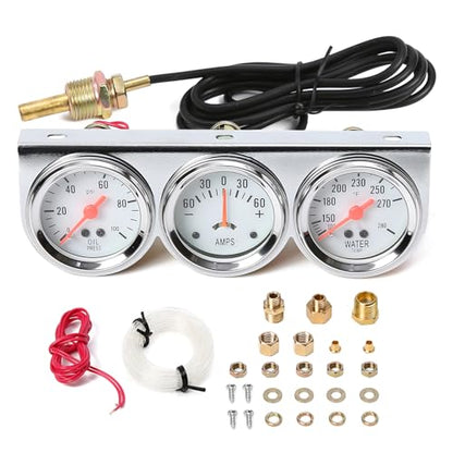 2" 52mm Triple Gauge Set, 3-in-1 Gauge Kit with Oil Pressure, Water Temperature & AMP Gauges, Backlit Dial, Universal for Most 12V Vehicles - style: Oil Press.+Ammeter+Water Temp.