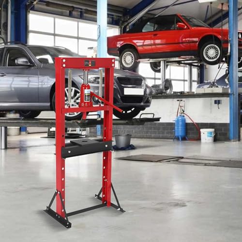 12 Ton Hydraulic Shop Press, Heavy-Duty H-Frame Garage Floor Press with Stamping Plates, Adjustable Height Bearing Press for Metal Straightening, Bending, Parts Pressing & Automotive Repair