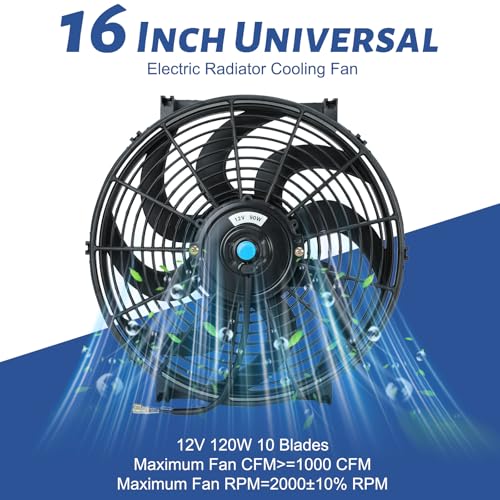 16 inch 12V Universal Slim Pull Push Electric Radiator Cooling Fan with Mounting Kit Black - size: 16"