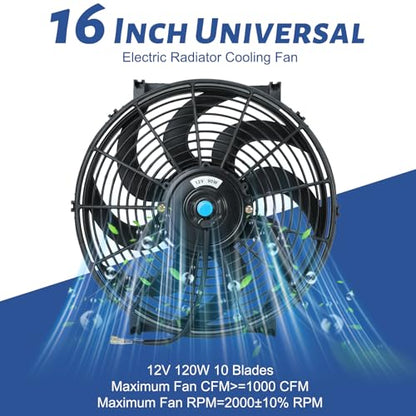16 inch 12V Universal Slim Pull Push Electric Radiator Cooling Fan with Mounting Kit Black - size: 16"