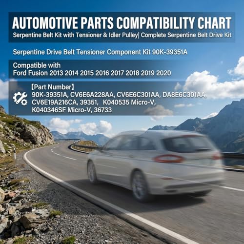 Serpentine Belt Kit with Tensioner and Idler Pulley For Ford Fusion - size: Ford Fusion (13-20)