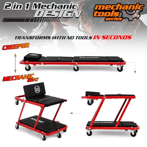 M-AUTO Heavy-Duty Convertible Mechanic Creeper, Z-Creeper 2-in-1 Creeper and Seat 48" Padded Adjustable Headrest Roller Garage Chair with 7 Swivel Casters for Washing, Detailing, Maintenance, Red - color: Red, size: 48"
