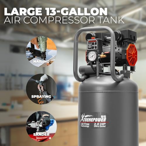 XtremepowerUS 2HP Air Compressor, 13 Gallon Ultra Quiet 1450W, 4.9CFM@90PSI, Oil-Free Air Compressor, 65dB Low Noise, Max 116PSI for Garage, Home Use, Tire Inflation, Nail Gun, DIY Projects