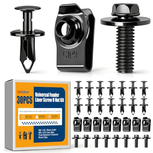 weideer 30PCS Universal Fender Liner Screw U Nut Kit,M6 Engine Splash Shield Hex Head Screw U Clips,Push Retainer Fastener Rivet Clips - color: BK-M6 U-Clips+Screws+Rivet Clips