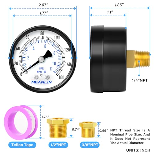 MEANLIN MEASURE 0-160Psi 2" DIAL FACE 1/4" NPT Well Pump Pressure Gauge, with 1/2" NPT and 3/8" NPT Hex Bushing, 3-2-3% Accuracy, Center Back Mount - color: 1/4"NPT Back Mount, size: 0-160Psi