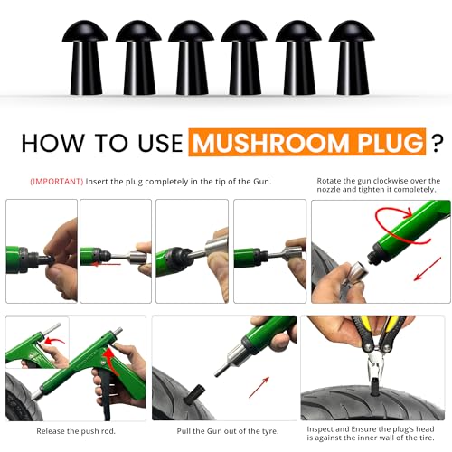 GRAND PITSTOP Tubeless Tire Gun Puncture Repair Kit with Mushroom Plug for Tyre Punctures and Flats on Cars, Motorcycles, ATV, Trucks & Tractors (Gun Puncture kit 15 Plugs, Green) - color: Gun Kit+ 15 Plugs