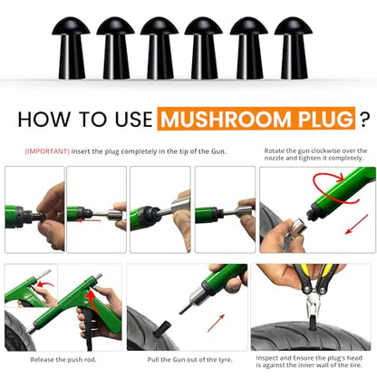 GRAND PITSTOP Tubeless Tire Gun Puncture Repair Kit with Mushroom Plug for Tyre Punctures and Flats on Cars, Motorcycles, ATV, Trucks & Tractors (Gun Puncture kit 15 Plugs, Green) - color: Gun Kit+ 15 Plugs