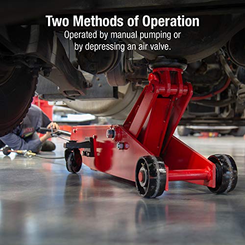 Sunex 6614, Air Hydraulic Floor Jack, 10 Ton Capacity, Two Methods of Operation, Hydraulic Power Unit, 3 Position Handle Lock , Wiper Seals, Rust Prohibition, Rear Kick Plate, Easy Maneuverability, Heavy Gauge Steel Side Plate, Bypass and Overload Valves,