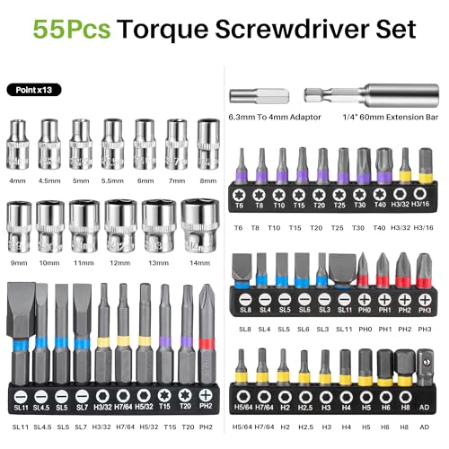 57Pcs 1/4" Drive Small Torque Wrench and Srewdriver Set-20-260In.Lb - size: 1/4"DR.260In.Lb TW/80In.Lb TS Set