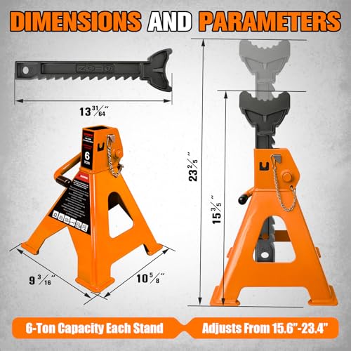 YATOINTO 6 Ton Jack Stands Heavy Duty 13,200 LBS Car Jack Stand for Trucks with Double Pin Locking & Extra Rubber Pads, 15.6"-23.4" Adjustable for Garage, Home, DIY, 1 Pair High Visibility Orange