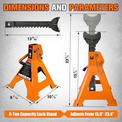 YATOINTO 6 Ton Jack Stands Heavy Duty 13,200 LBS Car Jack Stand for Trucks with Double Pin Locking & Extra Rubber Pads, 15.6"-23.4" Adjustable for Garage, Home, DIY, 1 Pair High Visibility Orange