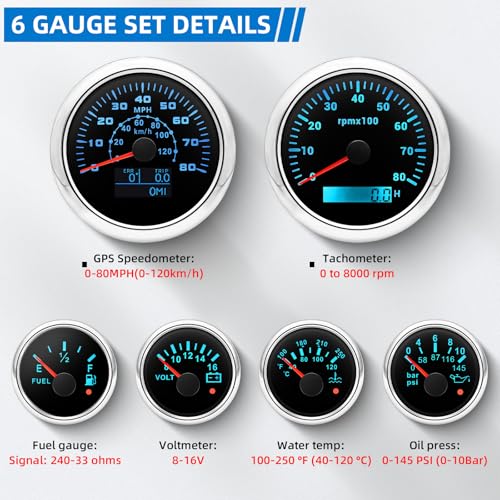 MH 6 AUTO Boat Gauge Set - 3-3/8" 80MPH & 120KM GPS Speedometer, Tachometer, 2-1/16" Oil Pressure Gauge, Fuel Level, Water Temperature, Voltmeter Alarm Marine Meter Kit with Sensor (Black and Silver) - color: Black and Silver