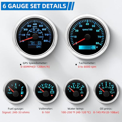 MH 6 AUTO Boat Gauge Set - 3-3/8" 80MPH & 120KM GPS Speedometer, Tachometer, 2-1/16" Oil Pressure Gauge, Fuel Level, Water Temperature, Voltmeter Alarm Marine Meter Kit with Sensor (Black and Silver) - color: Black and Silver