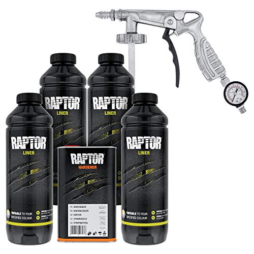 CUSTOM SHOP U-Pol Raptor Tintable Urethane Spray-On Truck Bed Liner Kit and Custom Coat Spray Gun with Regulator, 4 Quart Kit - color: Tintable, size: 4 Quart Kit