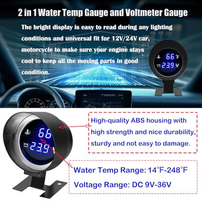 2” Water Temperature & Voltage Gauge Set - size: 2"(52mm) 2-in-1 Gauge