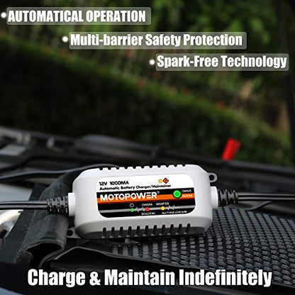 MOTOPOWER MP00205B 12V 1000mA Automatic Battery Charger, Battery Maintainer, Trickle Charger, and Battery Desulfator with Timer Protection - Grey - color: a) - Grey