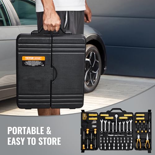 VEVOR Mechanics Tool Set 221Pieces - 1/4" and 3/8" Drive Sockets - SAE and Metric Mechanic Tool Kit with Bits - Wrenches, Ratchet Handle, Accessories, and Plastic Storage Case - for Automotive Repair - size: 221-PCS